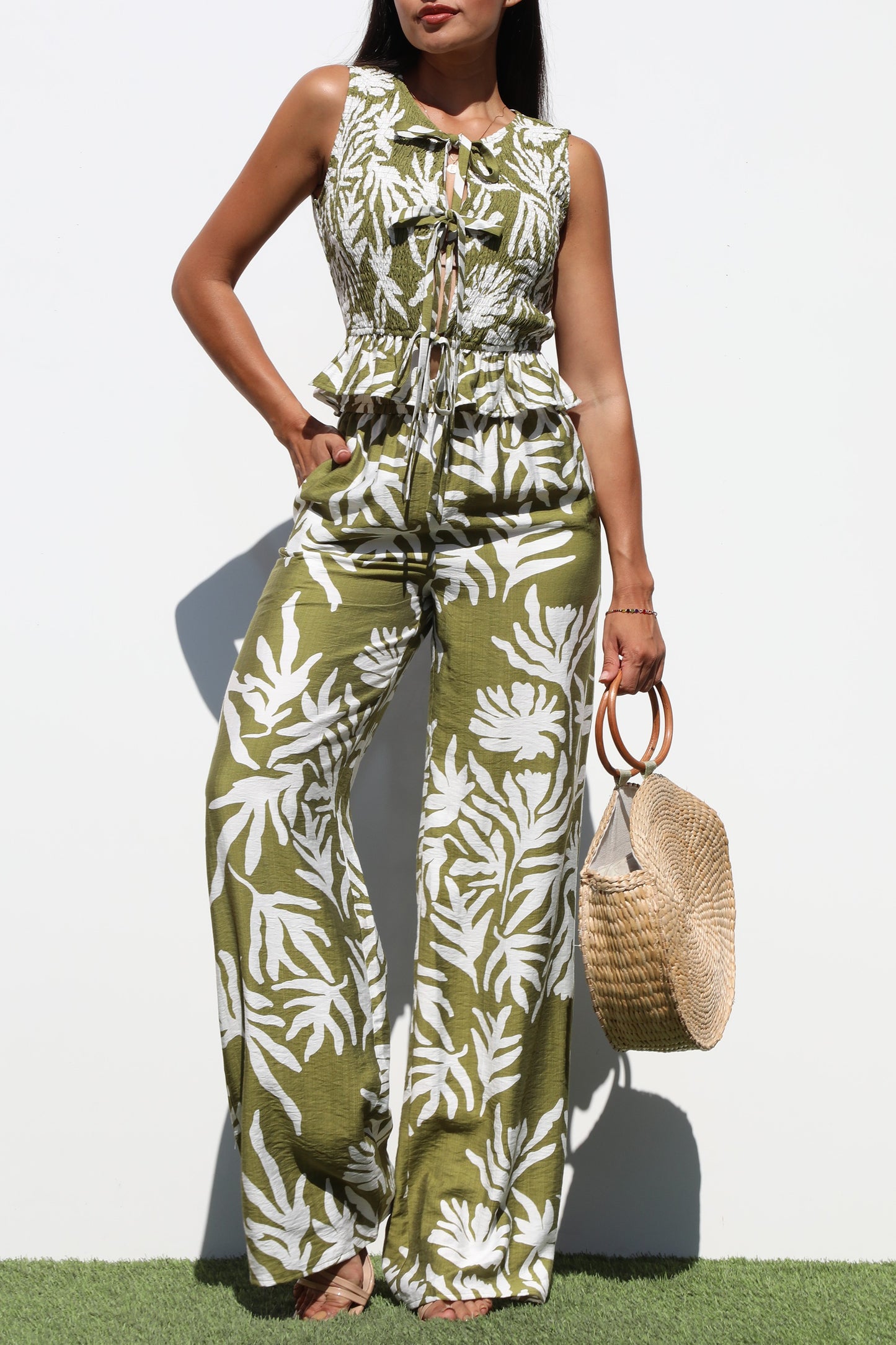 Smocked Top And Pants Set Olive