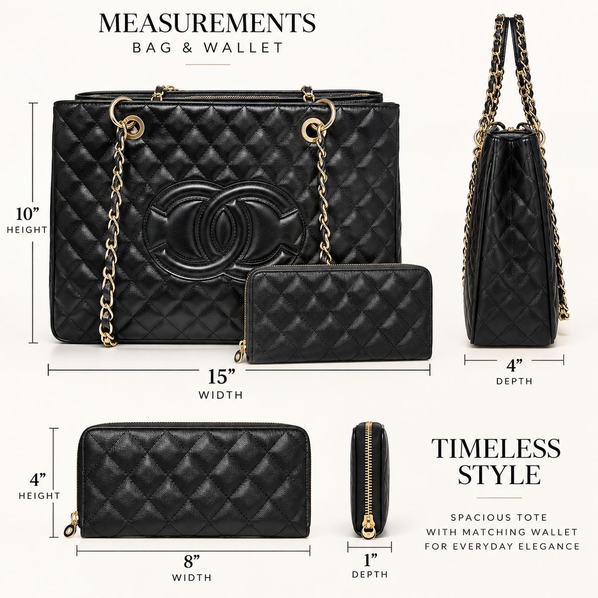 Quilted Luxe Tote & Wallet Set Black