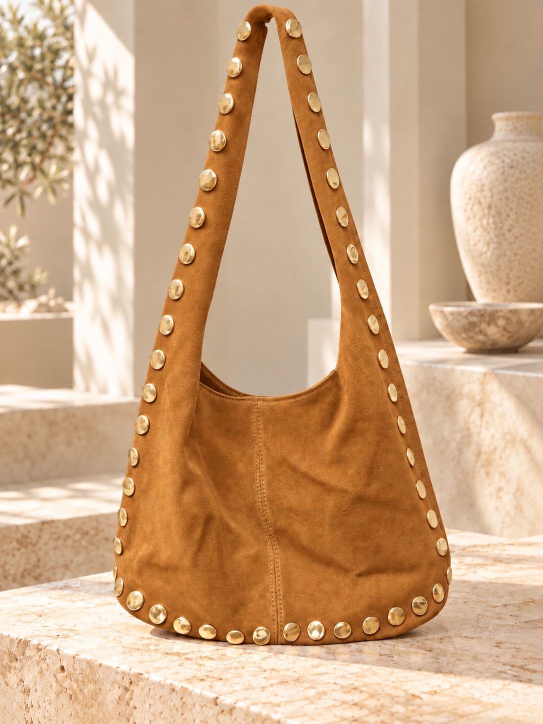 Camel Gold Studded Hobo Bag