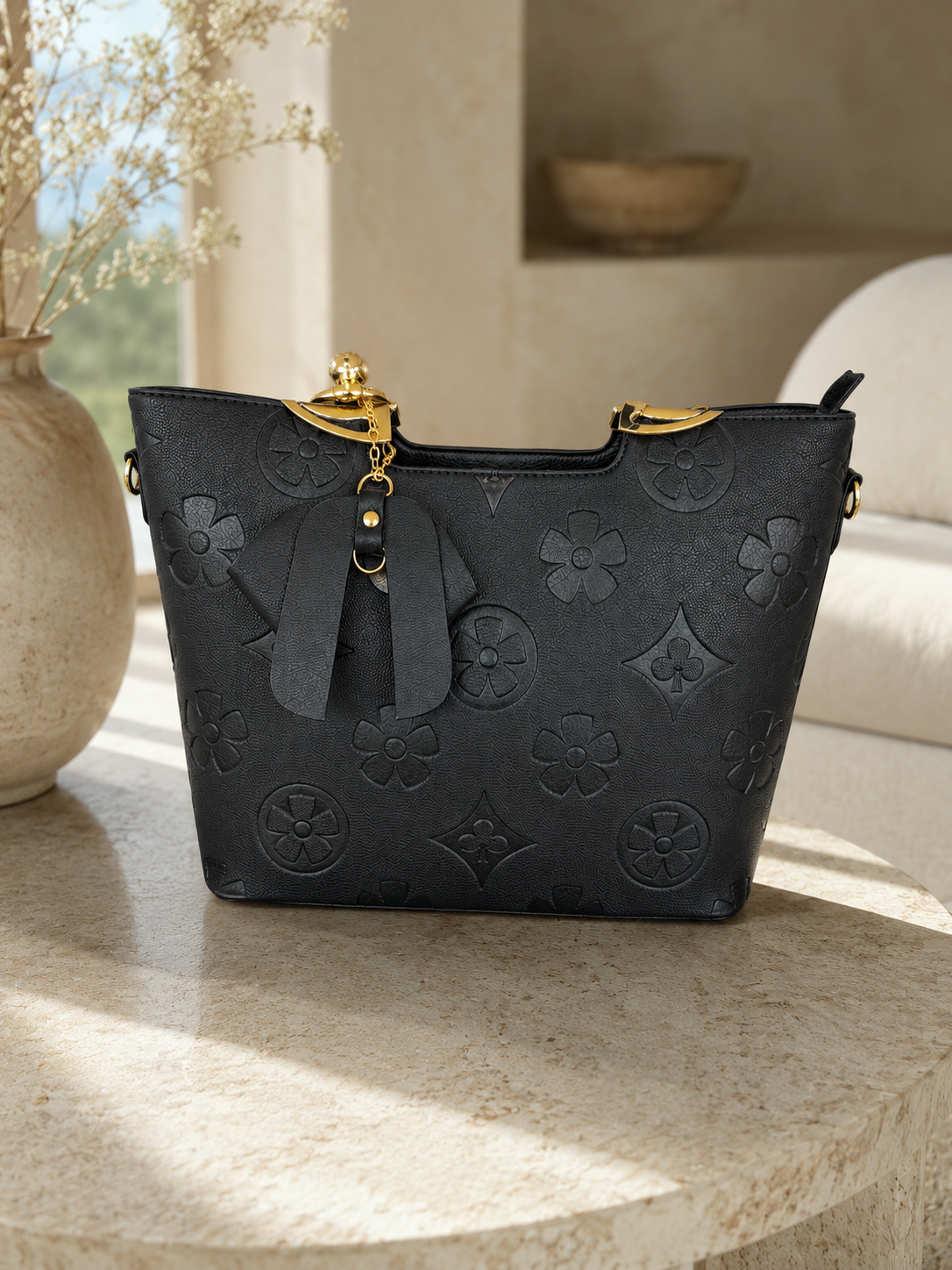 Black Beige Monogram Luxe 3 In One Handbag Set