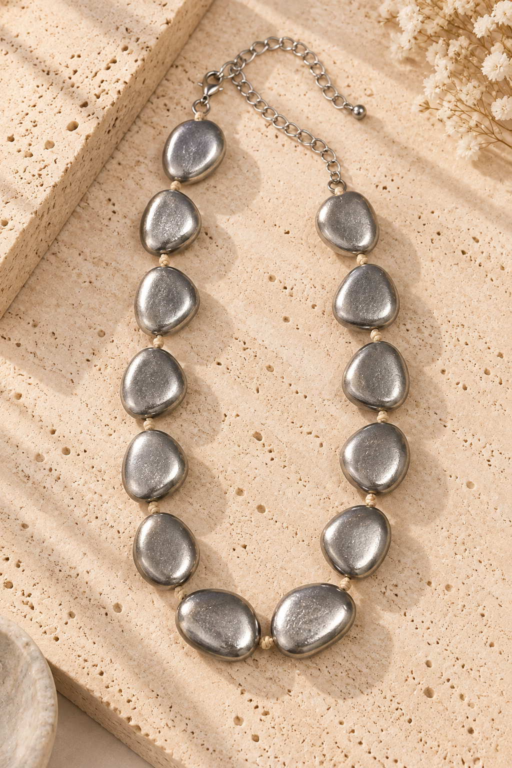 Sculpted Pebble Statement Necklace Silver