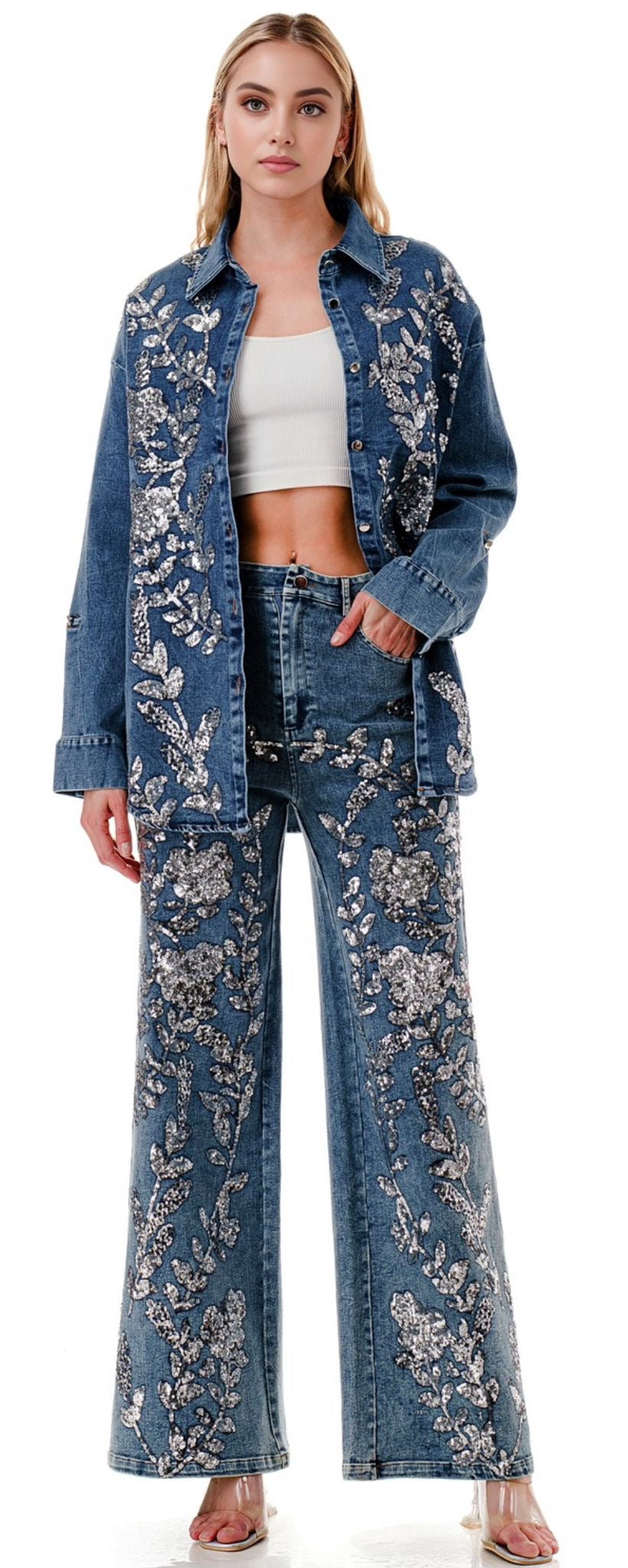 Sequins Floral Embellished Denim Set