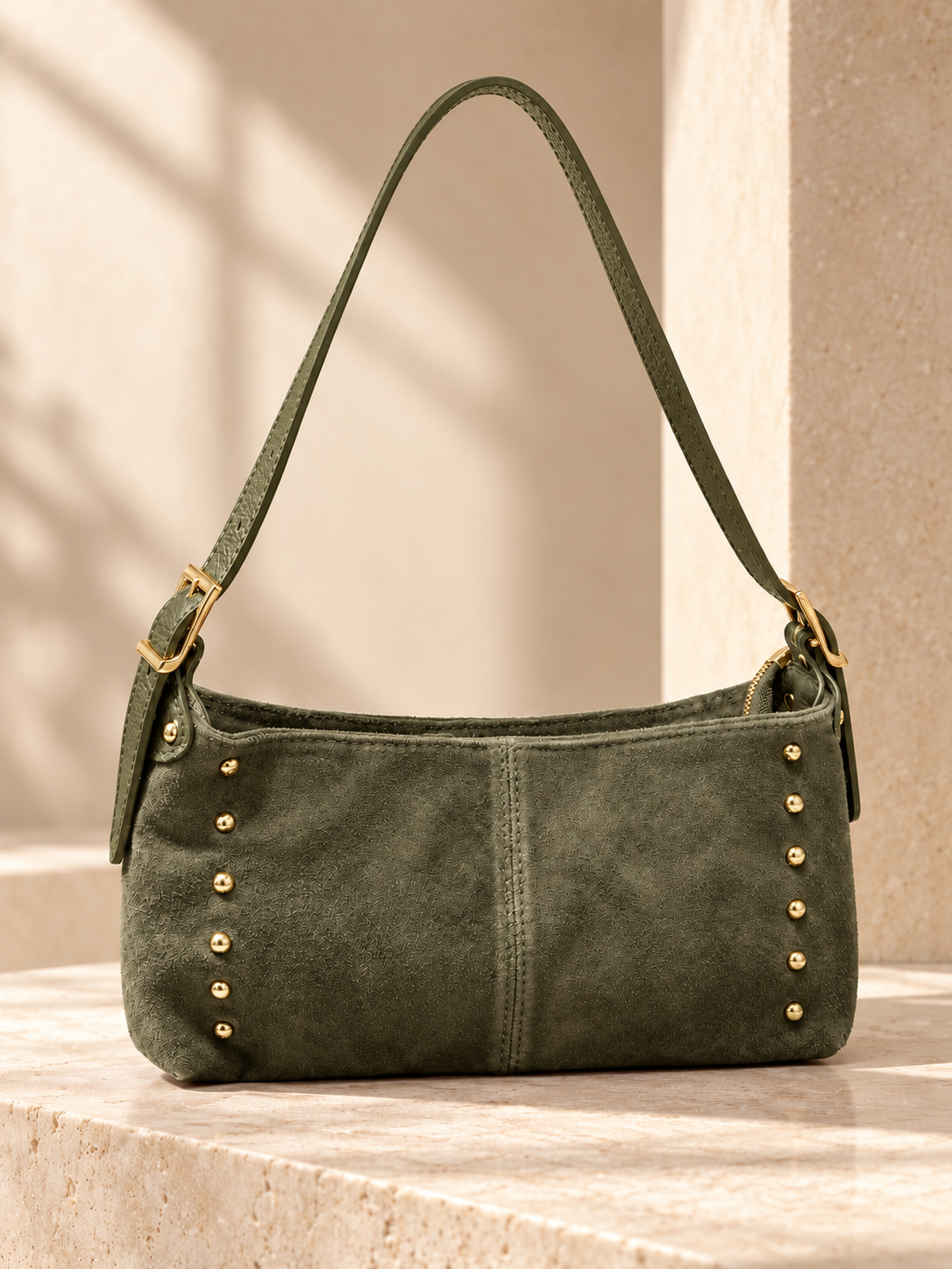 Olive green Italian Studded Suede Shoulder Bag