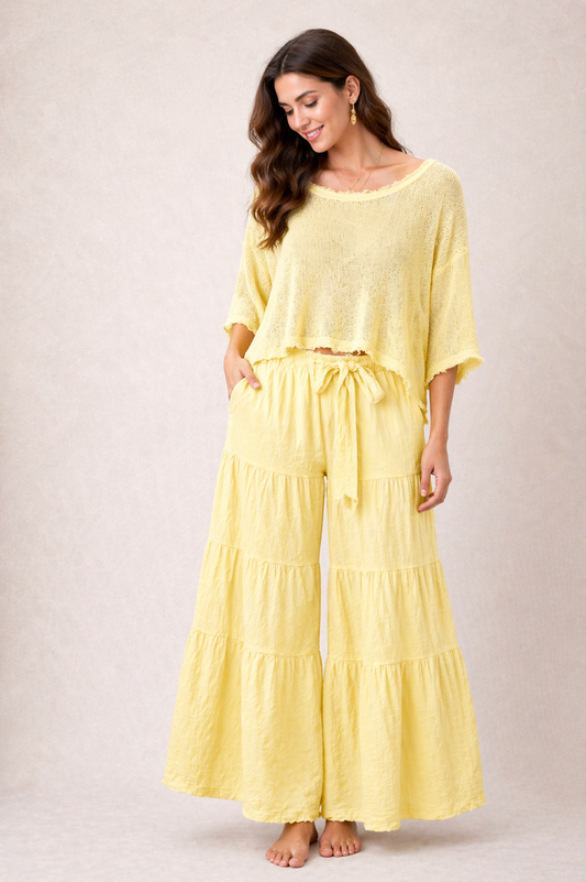 Italian Yellow Set with Knit Top and Wide-Leg Palazzo Pants