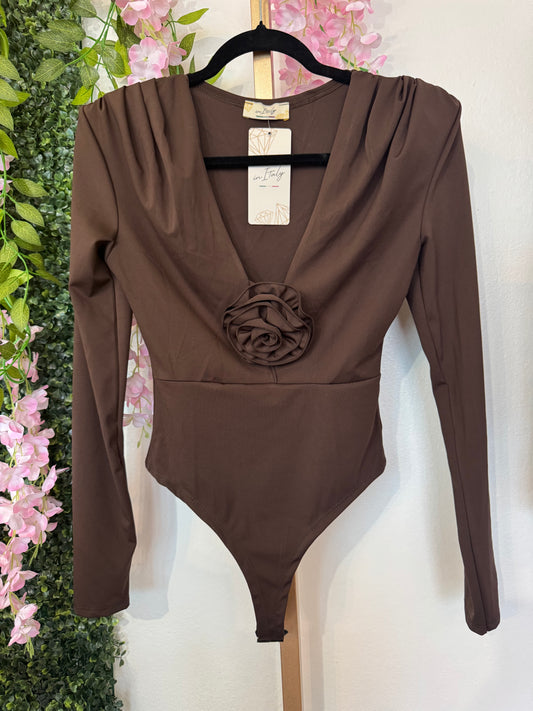 Italian Long Sleeve Bodysuit with Flower Accent Brown