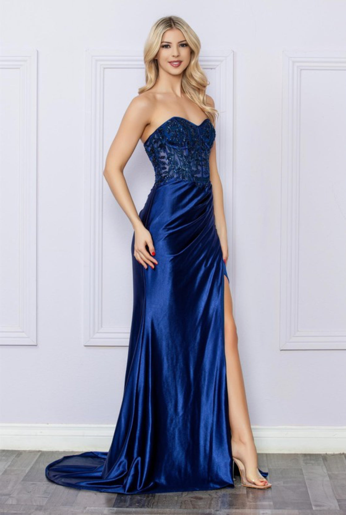 Beaded Embroidered Satin Sleeveless Maxi Dress Navy