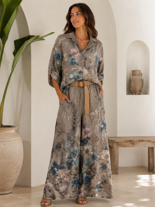Grey Italian Floral Linen Two-Piece Set