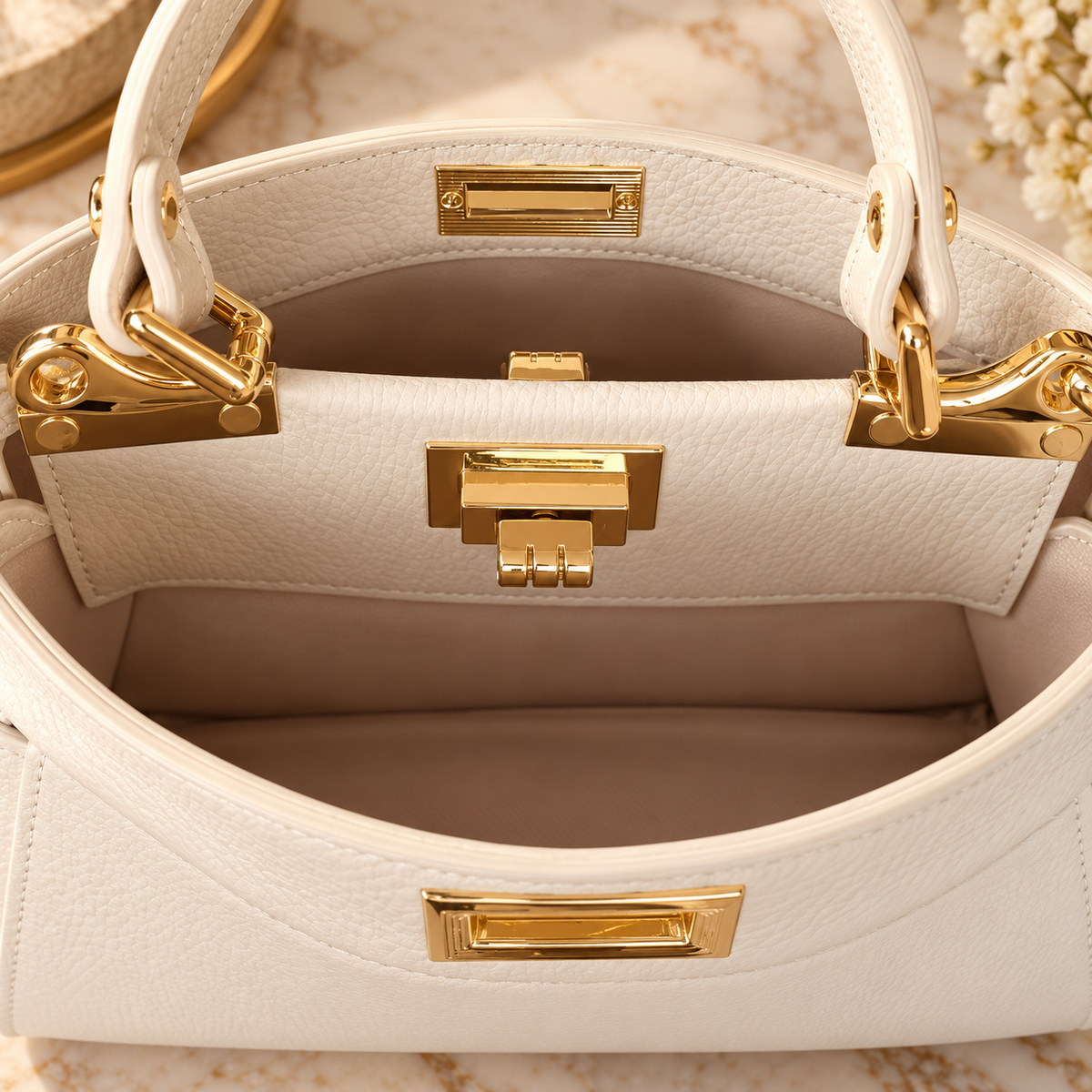 Ivory Italian Leather Structured Top Handle Handbag