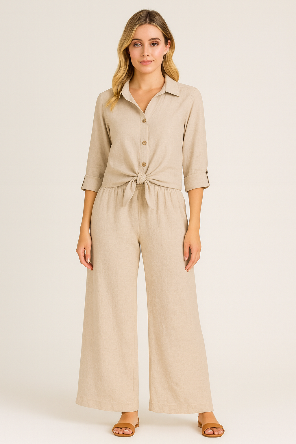 Italian Linen Set with Front Knot Beige