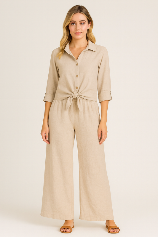 Italian Linen Set with Front Knot Beige