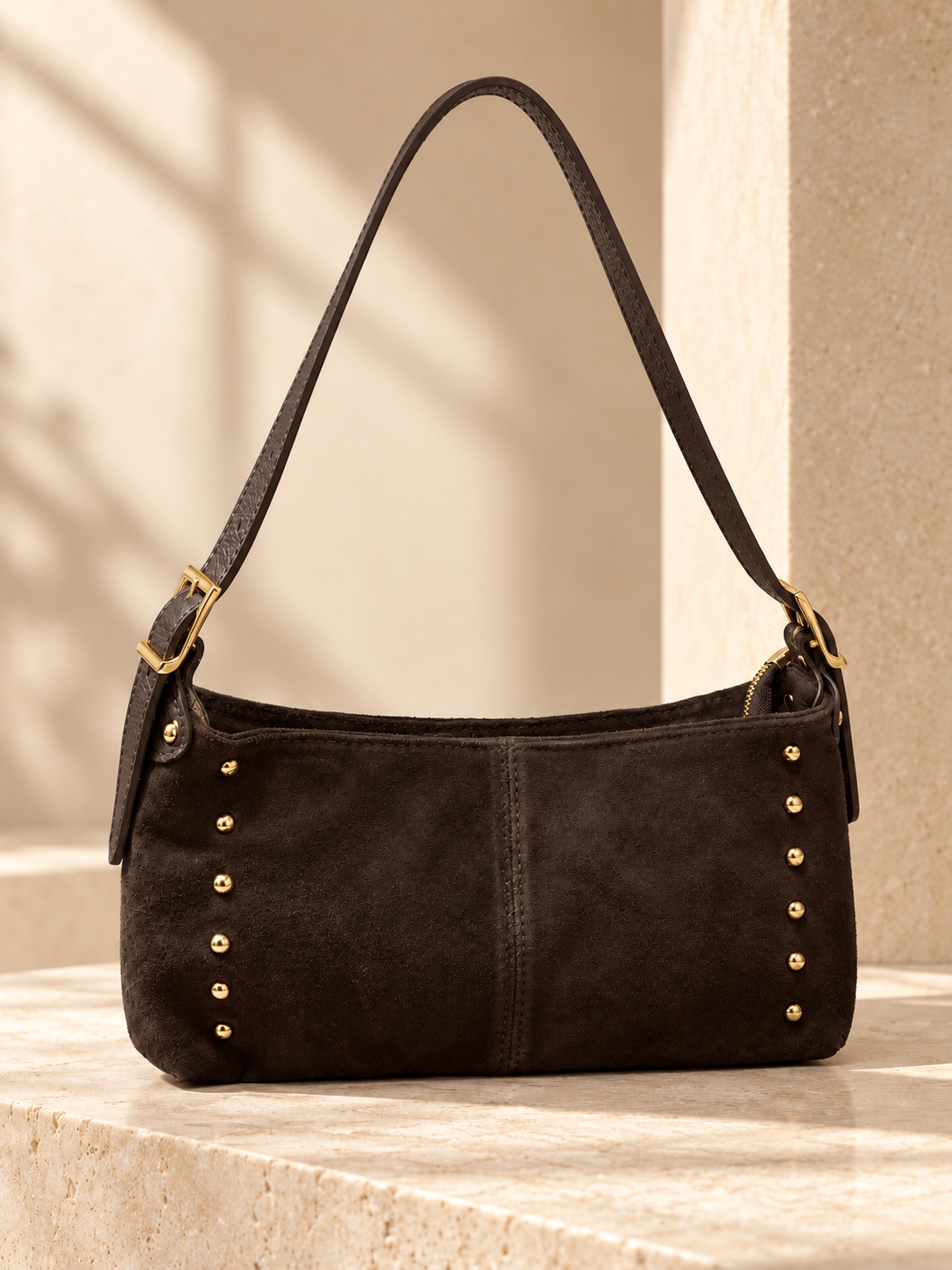 Dark chocolate Italian Studded Suede Shoulder Bag