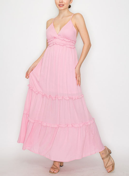 Crossed-back Ruffle Trim Tiered Dress Pink