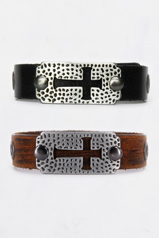 Punk Cross Leather Cuff Bracelet Black OR Brown