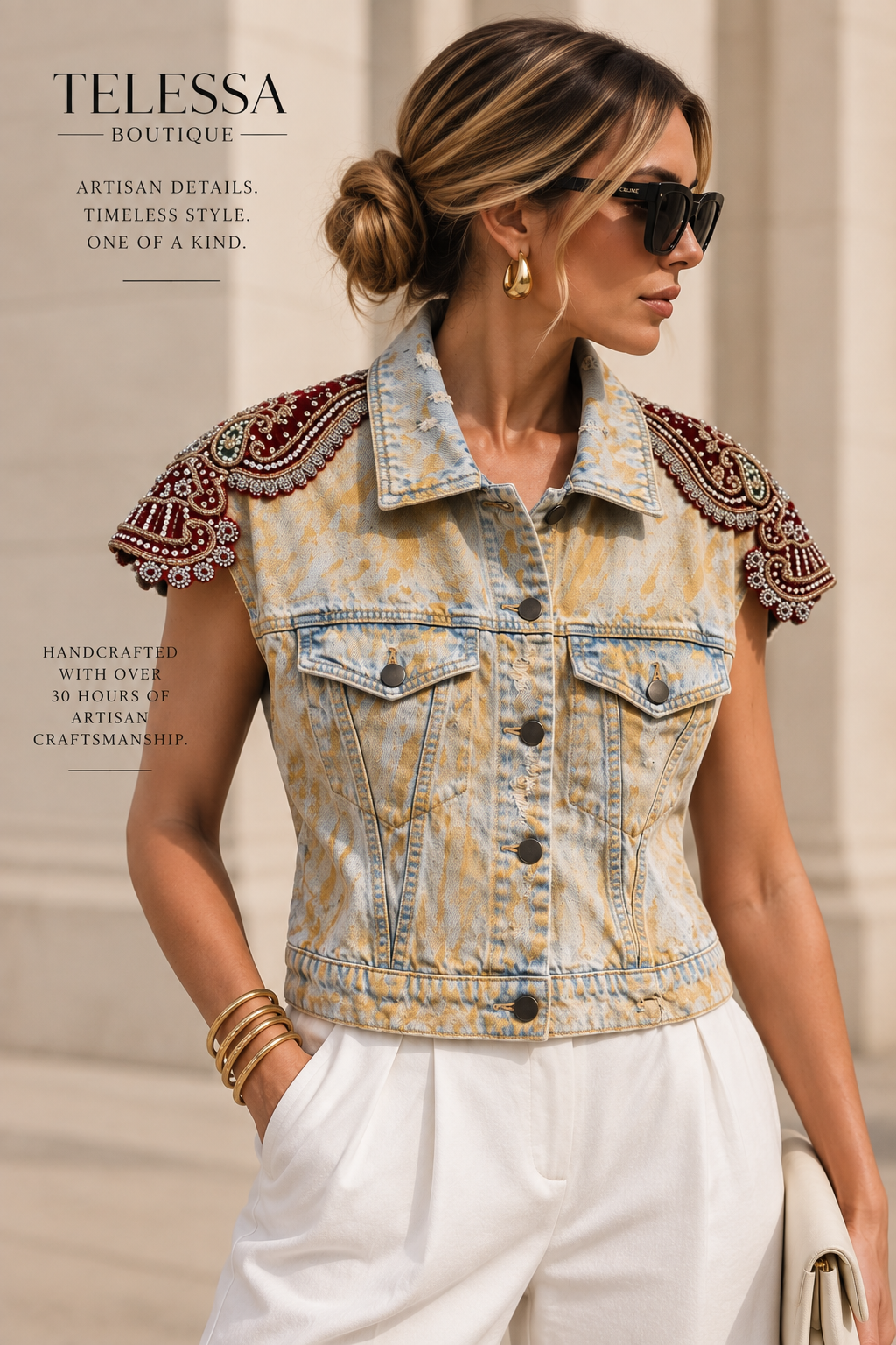 One-of-a-Kind Artisan Embellished Denim Vest Wine/Gold