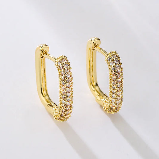 Geometric Hoop Earrings With 18K Gold Plated Finish Featuring Zircon Inlay