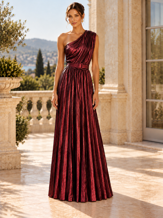 Red Italian Metallic One-Shoulder Maxi Dress