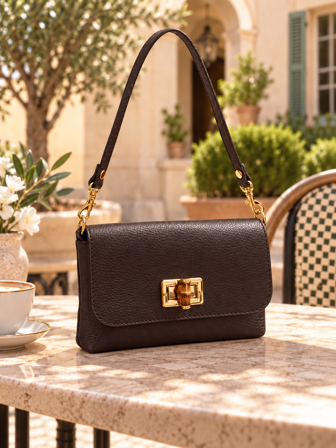 Brown Italian Leather Bamboo-Detail Bag