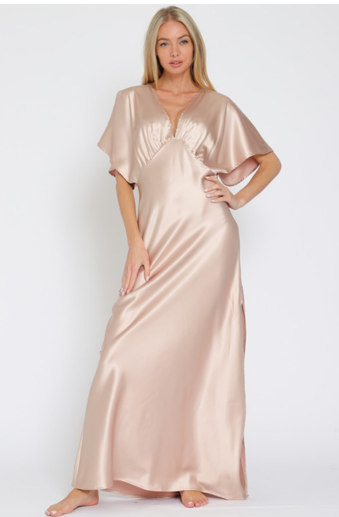 V-neck Short Dolman Sleeve Maxi Dress Champagne