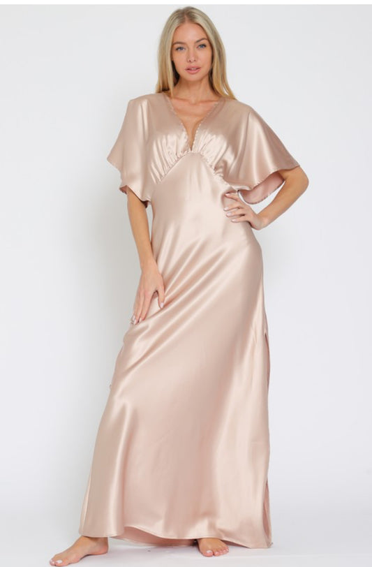 V-neck Short Dolman Sleeve Maxi Dress Champagne