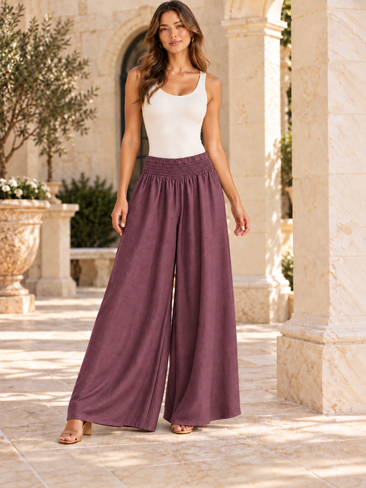 Plum Smocked Waist Wide-Leg Palazzo Pants