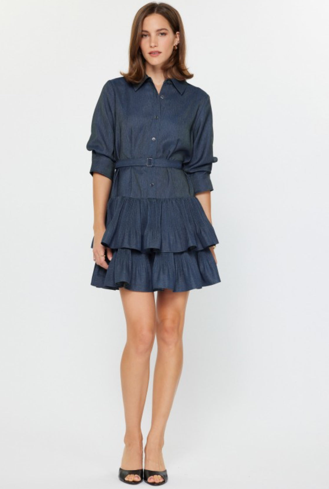 Denim Tiered Mini Shirt Dress