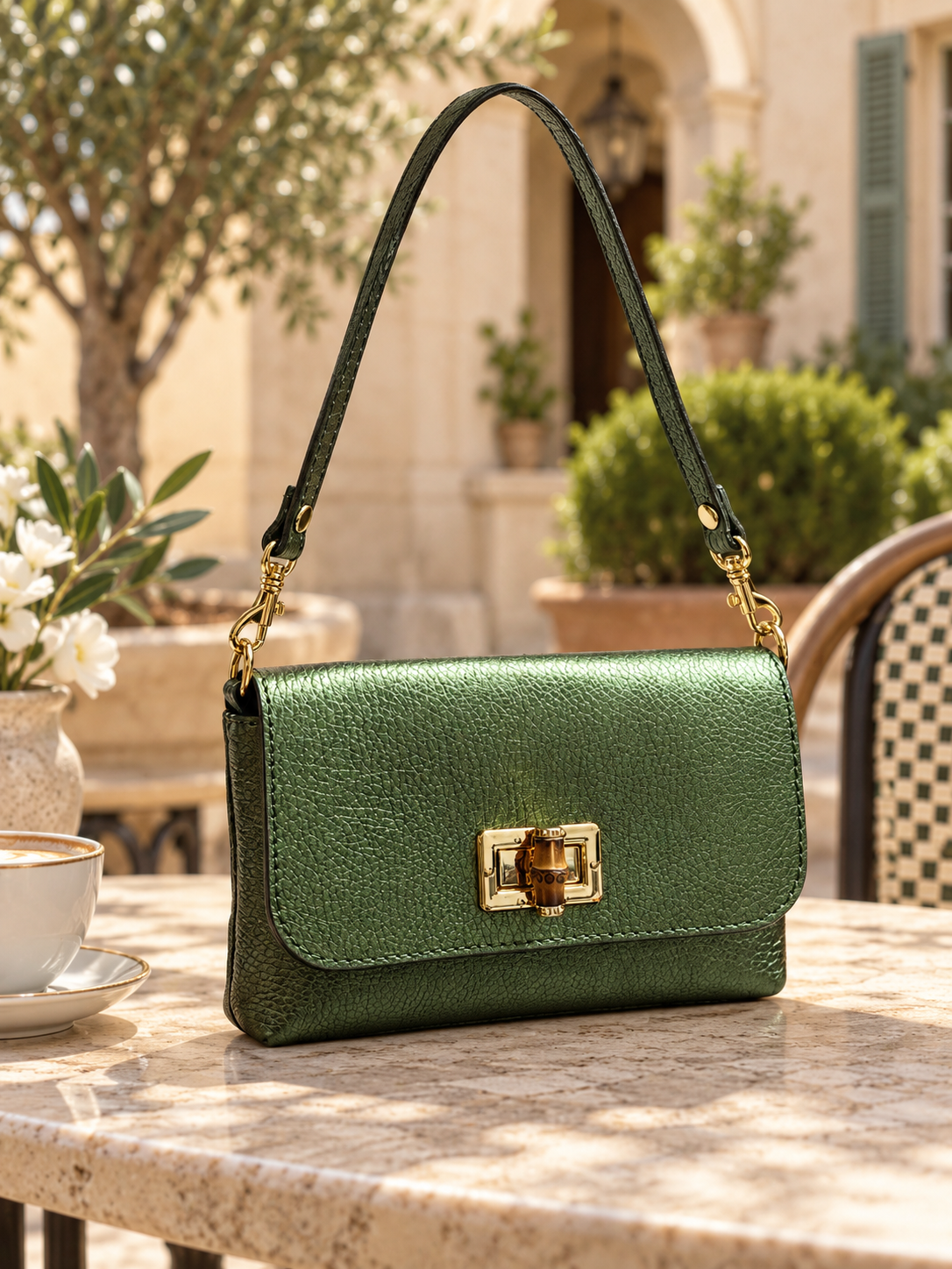 Metallic green Italian Leather Bamboo-Detail Bag