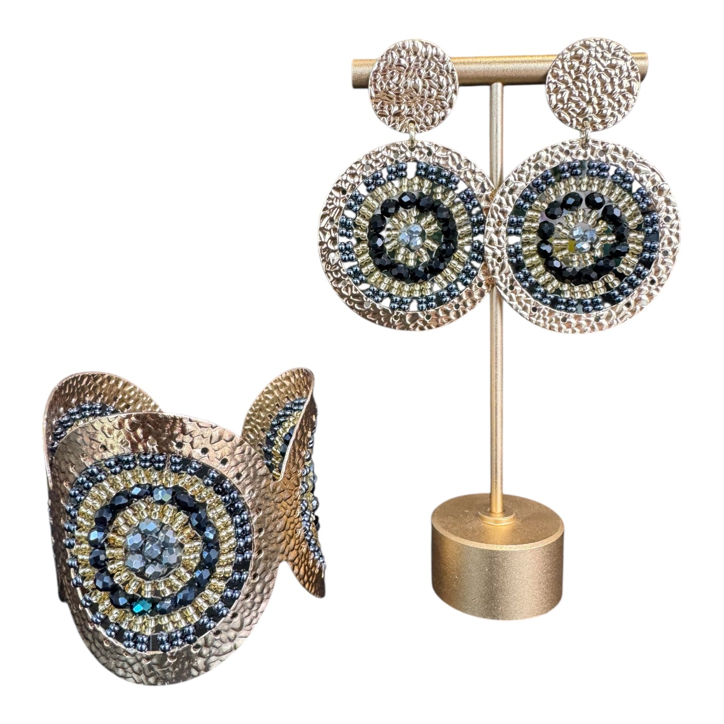 Handcrafted Bracelet and Earring Set Charcoal Grey and Gold