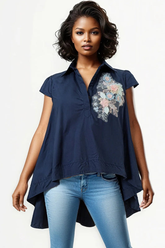 N by Nancy Blouse in Dark Blue Features Delicate Pastel Floral Embroidery