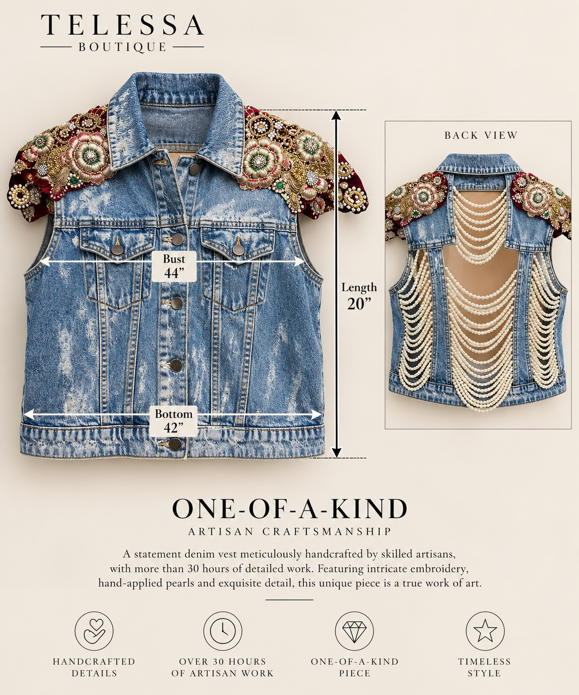 One-of-a-Kind Artisan Embellished Denim Vest Wine/Silver