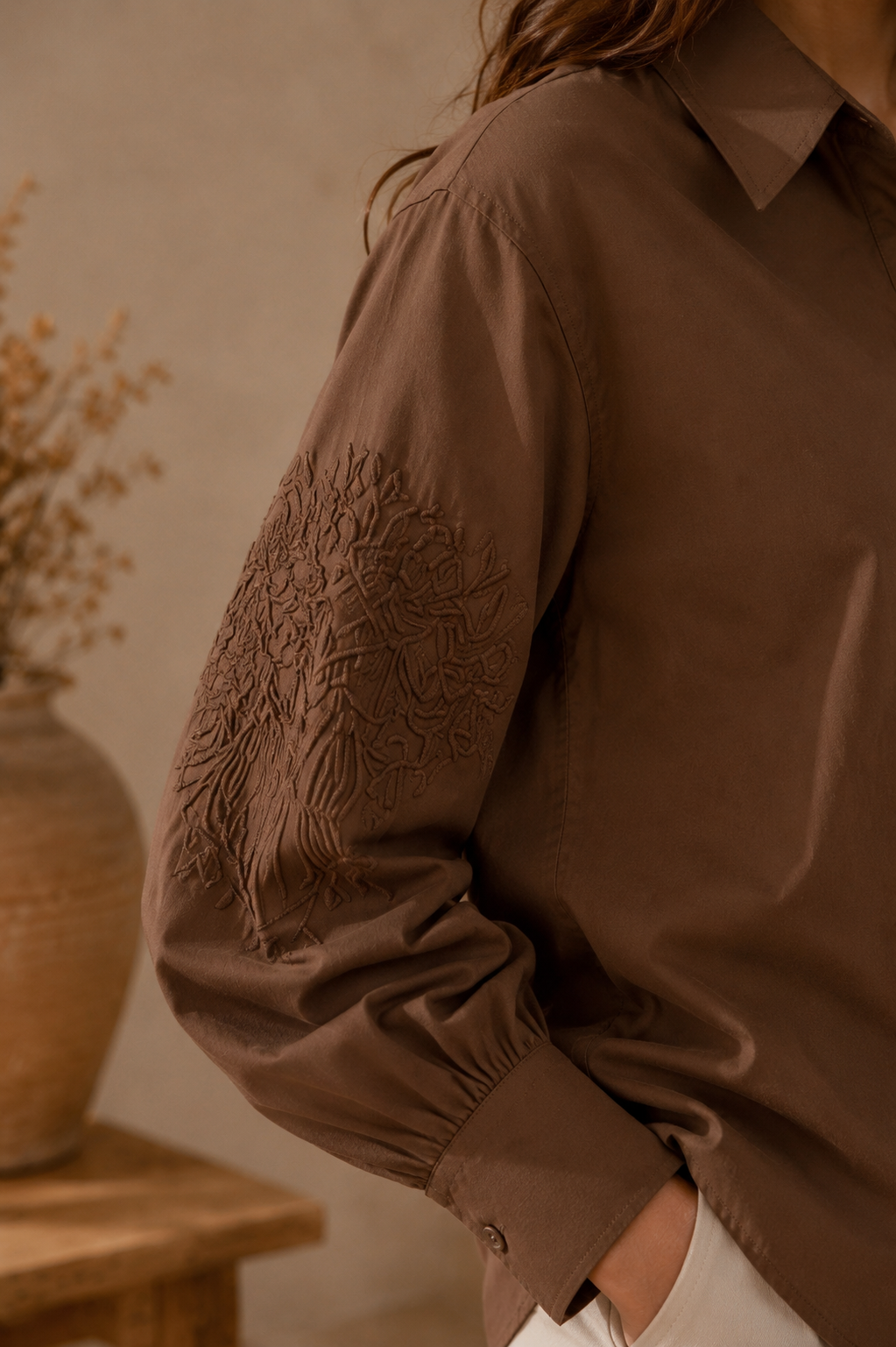 Italian Shirt with Sleeves Embroidery Brown