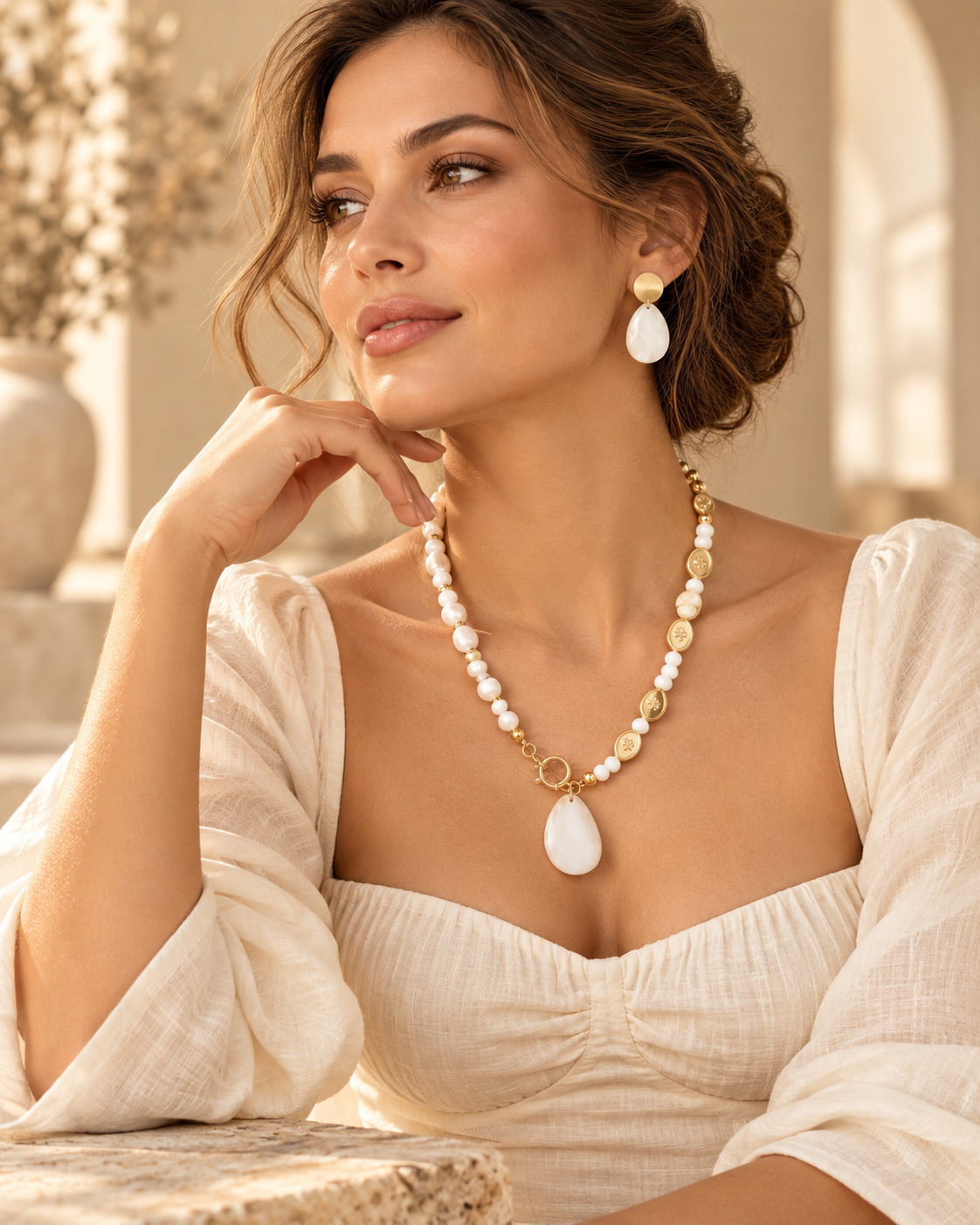 Ivory Shell & Pearl Gold Necklace and Earrings Set