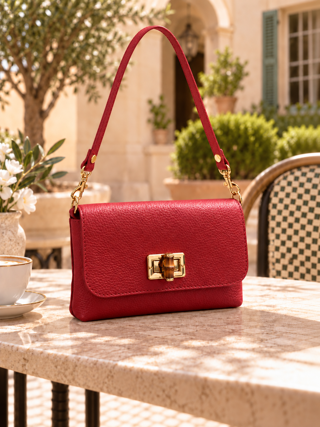 Red Italian Leather Bamboo-Detail Bag