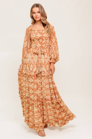 Printed Woven Maxi Dress Featuring Off Shoulder Neckline With Ruffled Edge