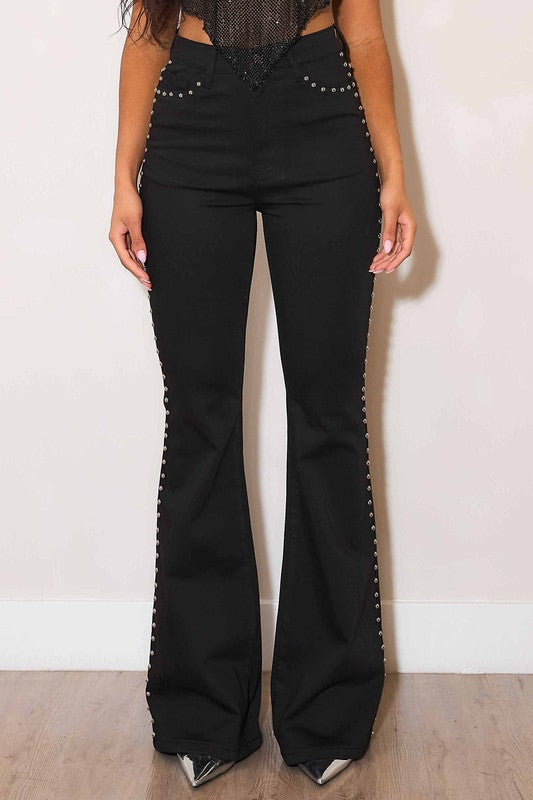 High Rise Flare Jeans With Studs