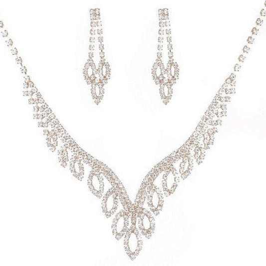 Rhombic Oval Floral Rhinestone Necklace Set In Gold Clear