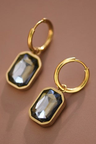 18K Gold Plated Stainless Steel Gray Crystal Dangle Earrings