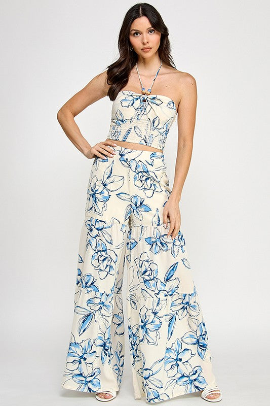 Halter Neck Smocked Top With Tiered Pants Set