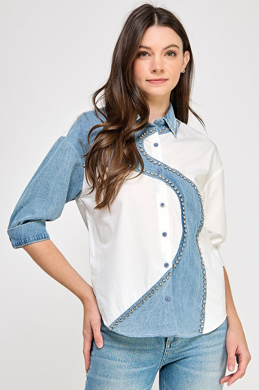 Rhinestone Detail Denim Color Block Shirt