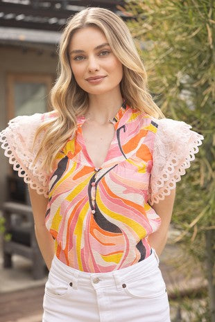 Floral Mesh Sleeves With Abstract Print Top