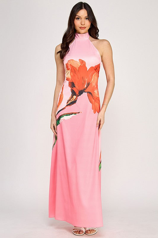 Printed Halter Neck Maxi Dress