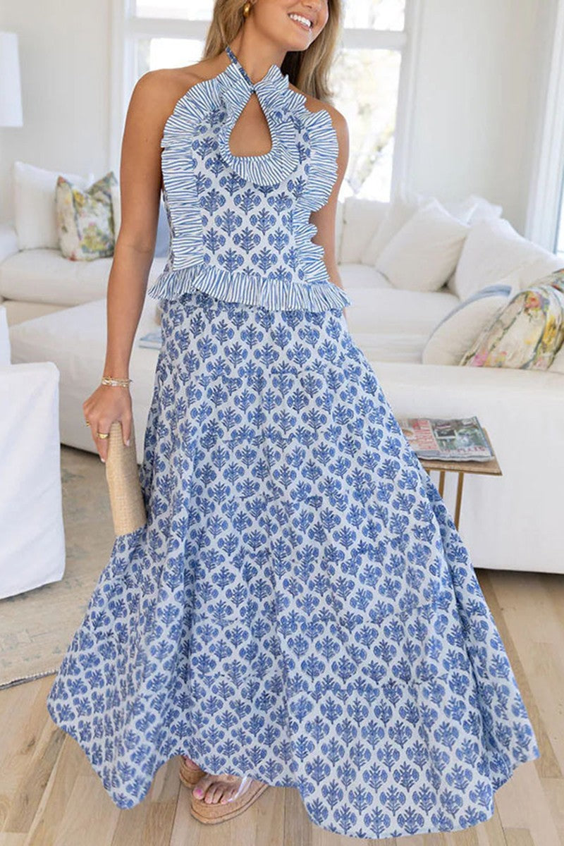 Floral Print Ruffled Top With Skirt Set