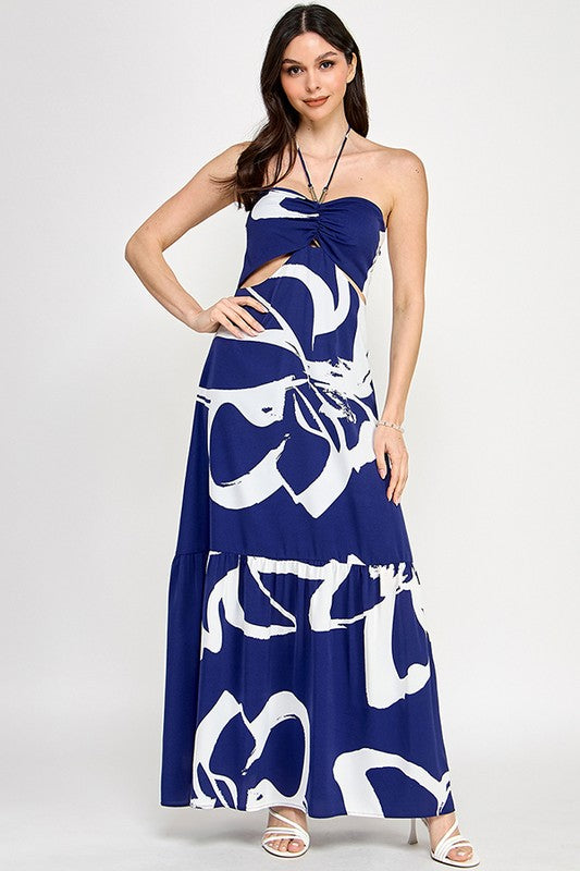 Metal Trim Halter Neck Maxi Dress