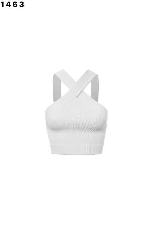 Ribbed Crossed Shoulder Detail Crop Tank White