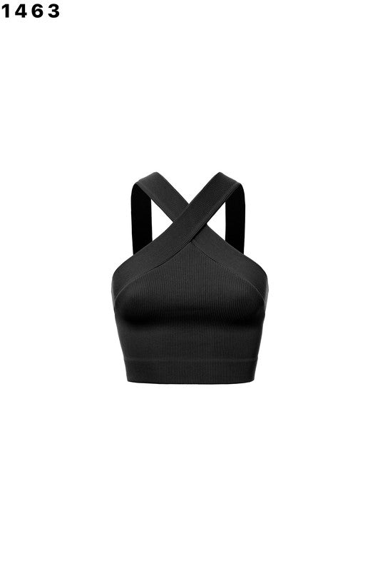 Ribbed Cross Shoulder Detail Crop Tank Black