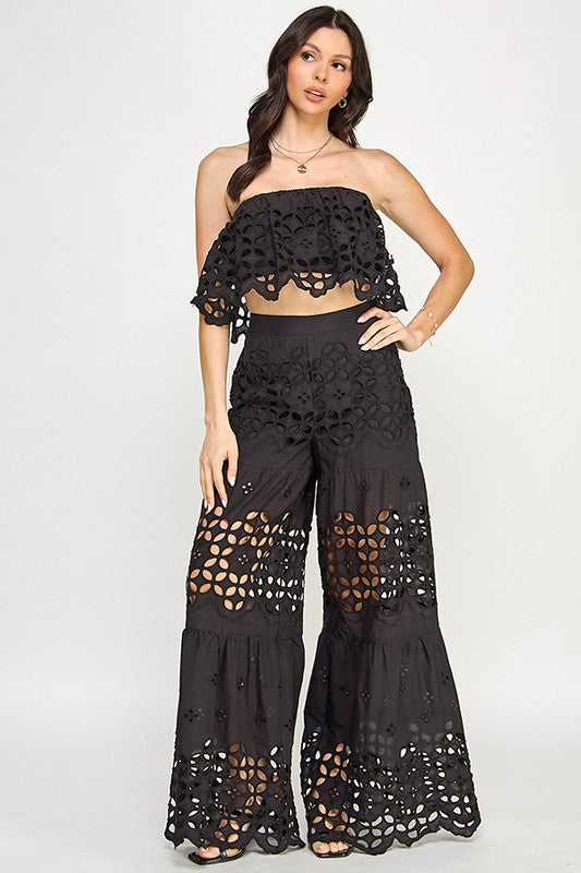 Lace Ruffle Detail Tube Top with Tiered Pants Set