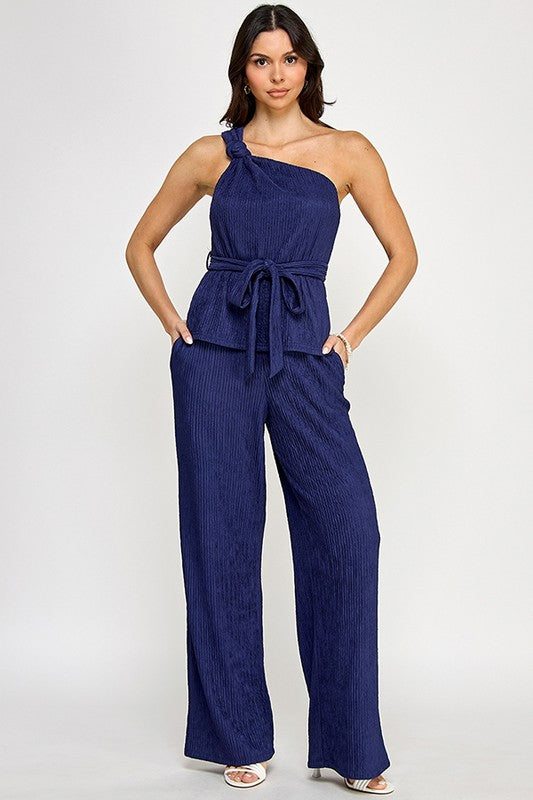 Knotted One Shoulder plisse Knit Top W/Pants Navy