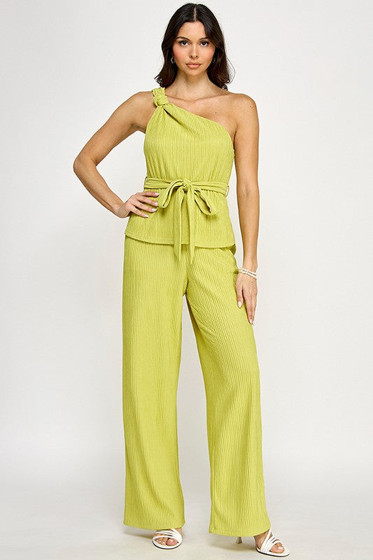 Knotted One Shoulder plisse Knit Top W/Pants Lime