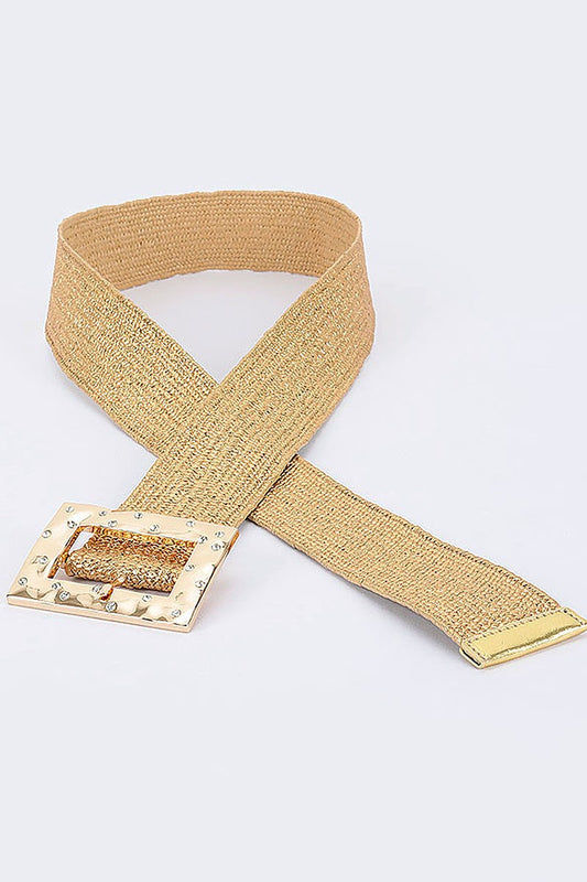 Faux Straw Metal Stone Buckle Strech Belt in Gold