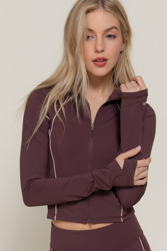 Long Slv Piping Active Wear Jacket In Brown