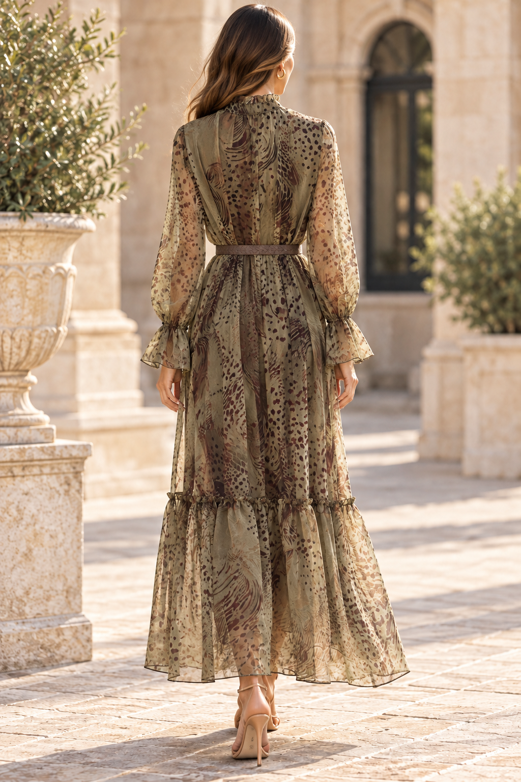 Green Animal Print Ruffle Maxi Dress